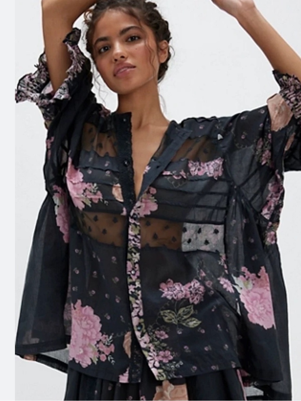 Free people Black Floral Open-Front Blouse Jacket - Pink Floral